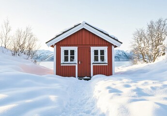 Scenic Red Cabin in Snowy Winter Landscape