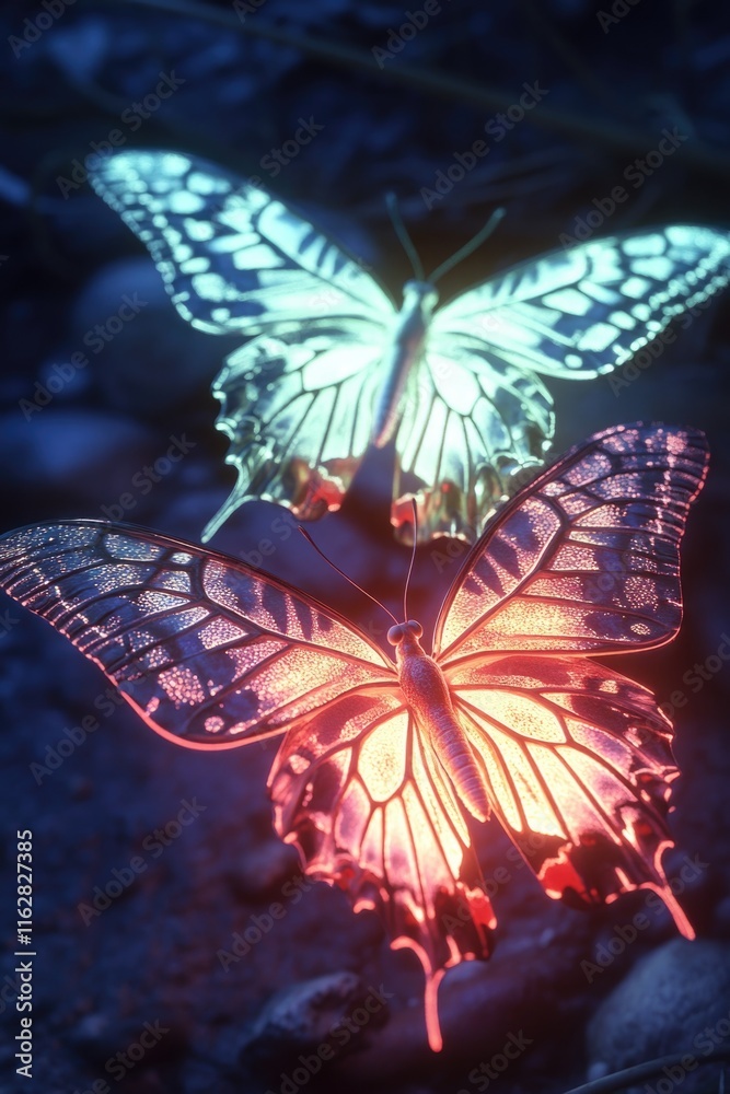 Poster close-up shot of a butterfly perched on a rock, showcasing its delicate features and texture