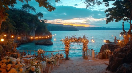 Fototapeta premium Romantic beachfront wedding ceremony at sunset. Lush tropical scenery, adorned with string lights, floral arch, and a wooden deck overlooking the ocean.