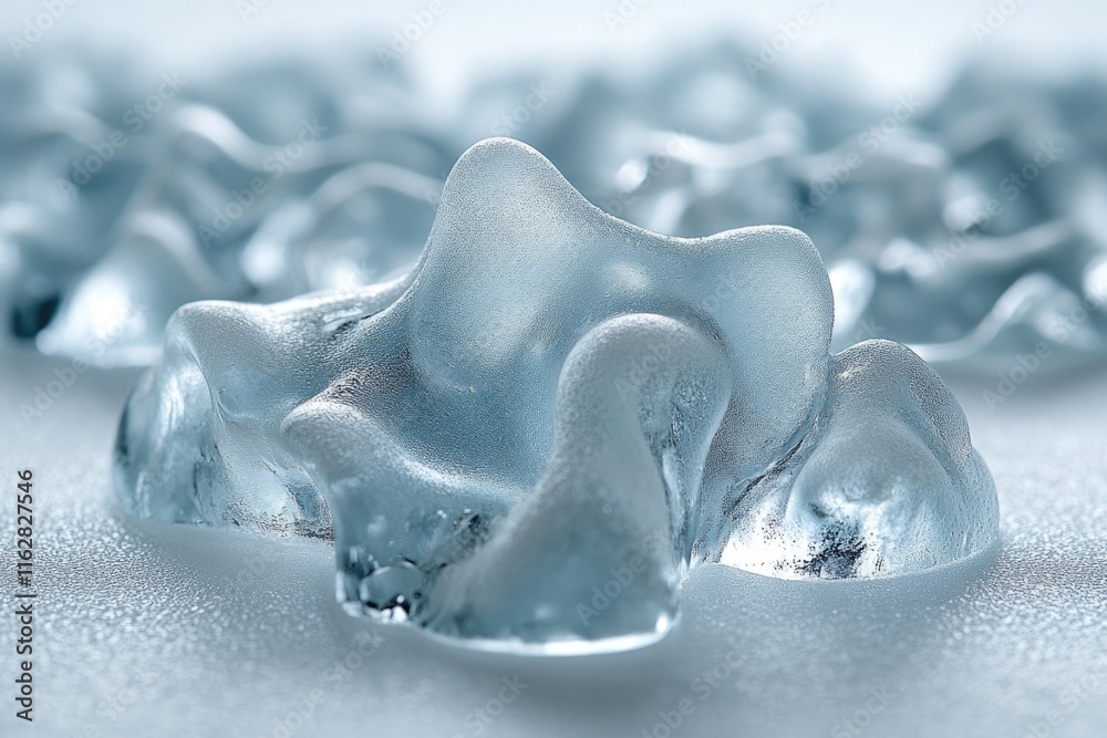 Poster Close-up shot of intricate ice crystals on a table, suitable for use in science or nature-themed projects