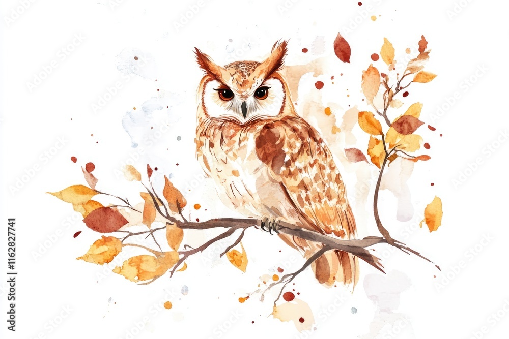 Poster a whimsical watercolor illustration of an owl resting on a branch, perfect for use in designs relate