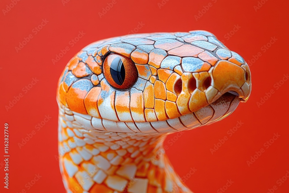Poster a close-up shot of a snake's head on a red background, great for use in presentations or as a symbol