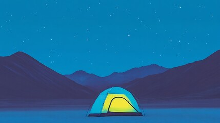 Nighttime Camping Tent Illustration: Serene Minimalist Digital Artwork Under Starlit Mountains. AI Generated