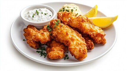 Crispy homemade fish sticks on a white plate, isolated on a clean white background with a side of lemon wedges and tartar sauce