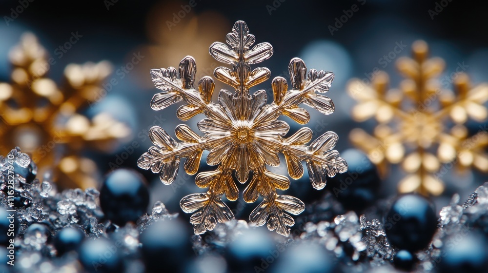 Poster a close-up view of a delicate snowflake against a bright blue background