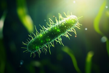 Fototapeta premium Close-up view of a vibrant green bacteria with intricate details, showcasing the beauty of microscopic life in stunning clarity.