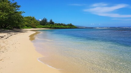 Serene Beach with Clear Water and Lush Greenery