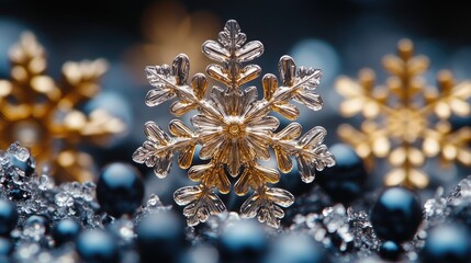 A close-up view of a delicate snowflake against a bright blue background