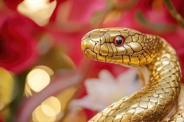 Obraz premium A golden snake statue surrounded by flowers