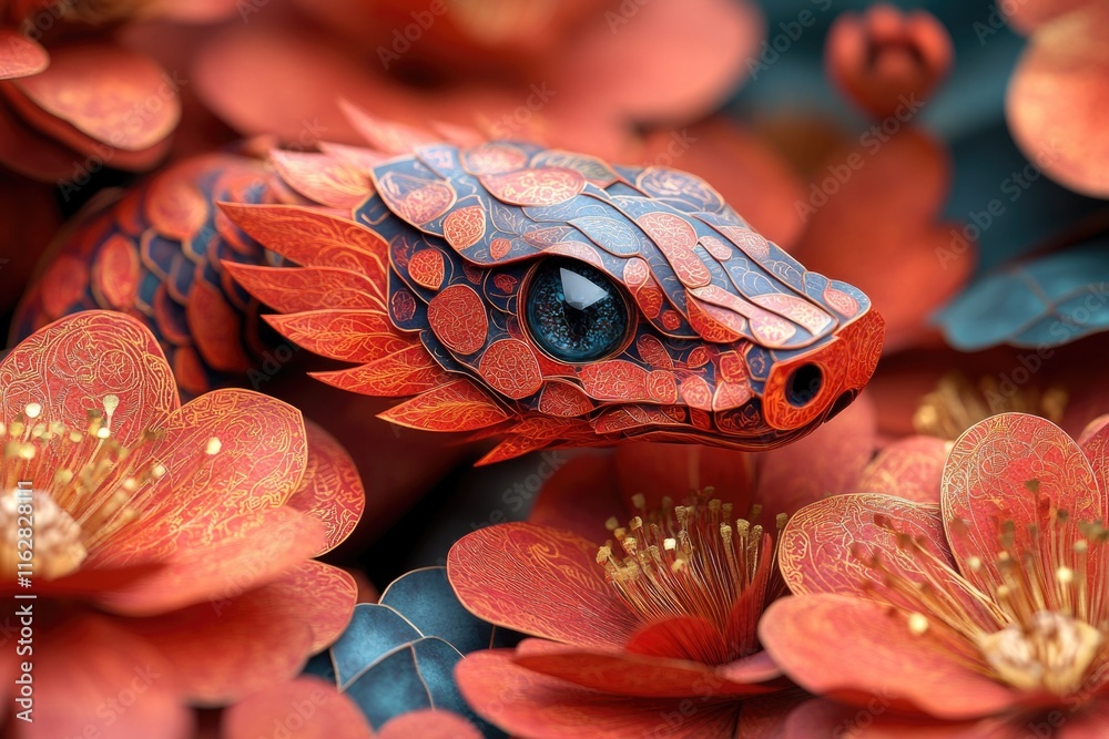 Poster a close-up view of a snake surrounded by flowers