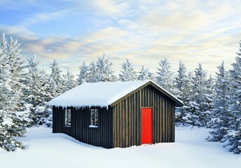 Snowy Winter Cabin in Frosty Forest: Red Door Cottage Scene