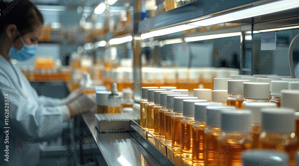 Aufkleber in the lab at the factory where worker is cosmetics are packaged.