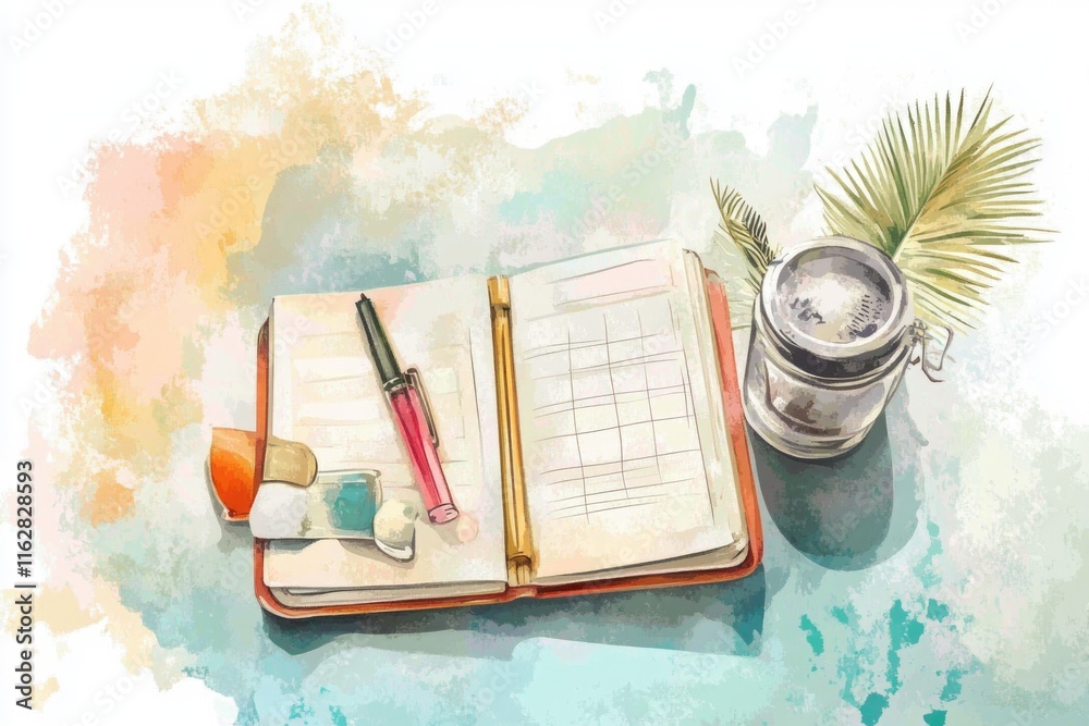 Poster An open notebook with a pen and a cup of coffee on a desk, perfect for working or studying