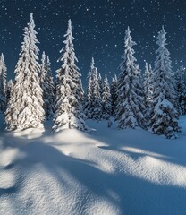 Naklejka premium Snowy Winter Night Forest: Starry Sky, Snow Covered Trees