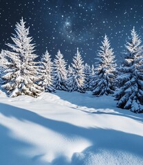 Naklejka premium Snowy Winter Night Forest: Starry Sky Over Snow-Covered Trees