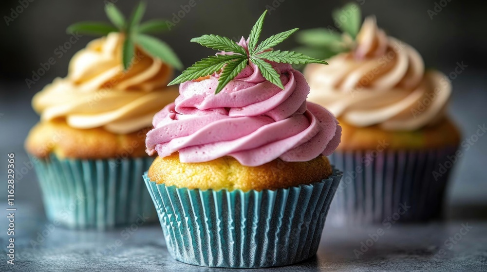 Aufkleber a stack of three colorful cupcakes topped with pink frosting and decorated with green leaves
