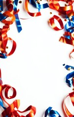 Obraz premium Colorful party streamers in red, blue, and gold create a festive border. Ideal for celebrations and joyful announcements.