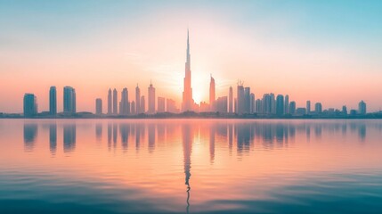 Obraz premium Scenic Sunrise Over City Skyline with River Reflection
