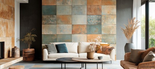 Modern living room interior design with decorative ceramic tiles and cozy furniture