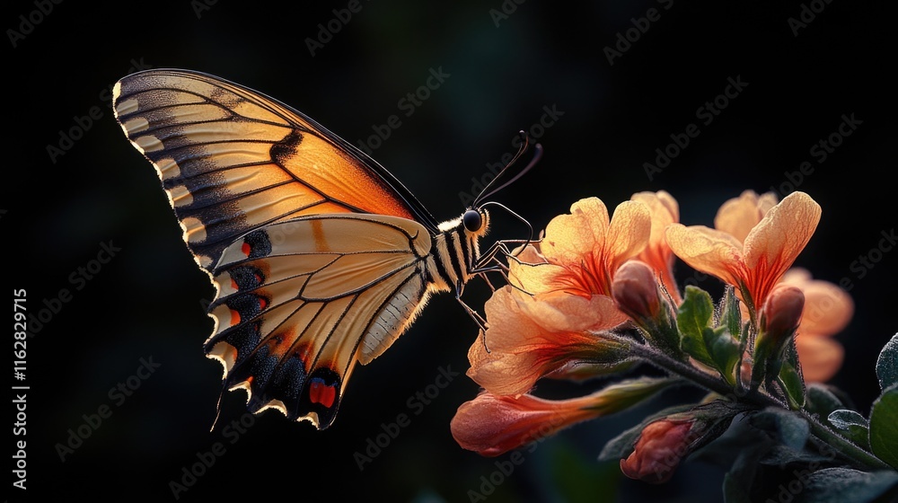 Poster a close-up image of a butterfly perched on top of a colorful flower