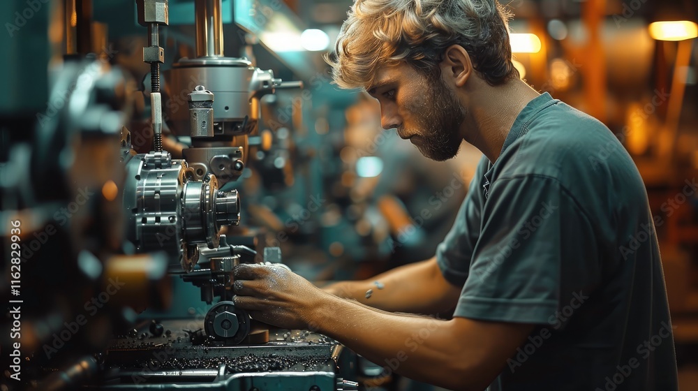 Poster operator operating a lathe machine, machining metal parts, metalworking process.