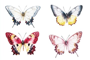 Naklejka premium A close-up shot of four colorful butterflies perched on a white surface