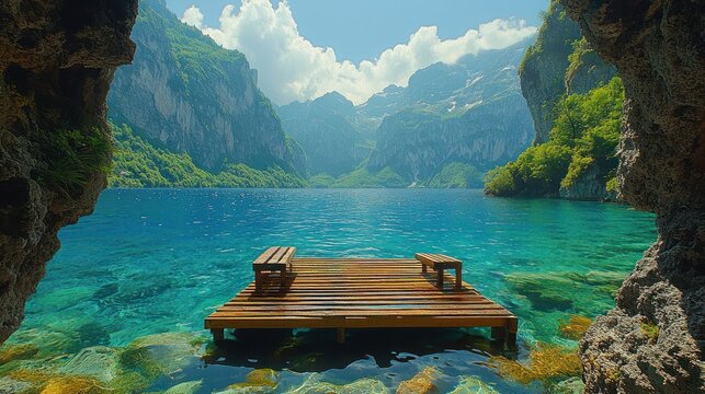 Secluded wooden dock on a crystal-clear lake nestled within a mountain valley.