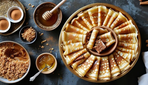Delicious Kosovo Flija Dessert Served in Round Bowl with Honey and Nuts Topping
