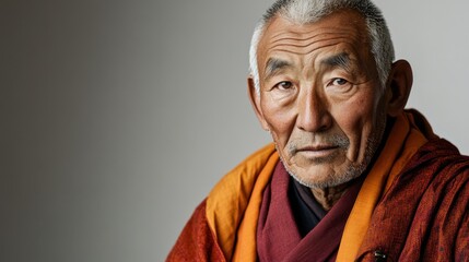 Tibetan Man in Traditional Robes Against Light Background