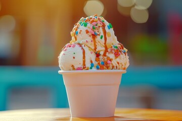 Delicious ice cream topped with colorful sprinkles and caramel sauce, perfect for summer cravings and sweet indulgence.