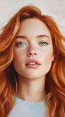 Fototapeta premium Stunning Digital Painting: Close-Up Portrait of a Woman with Vibrant Red Hair. AI Generated