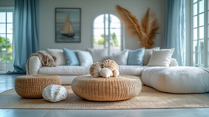Coastal Living Room Decor With Seashells and Wicker Furniture
