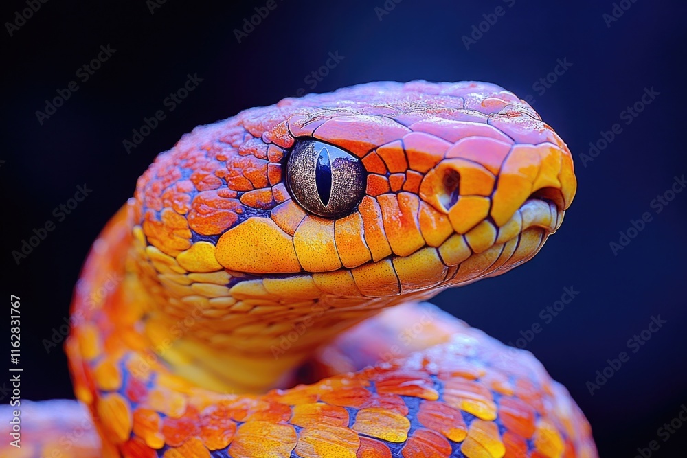 Poster a close-up shot of a snake's head on a dark background, highlighting its features and texture