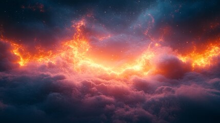 Glowing orange and purple clouds in a dramatic twilight sky