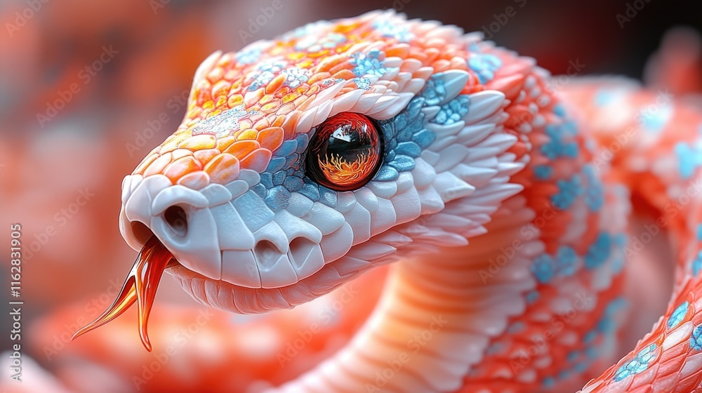 Poster close-up image of a snake's head with a red eye