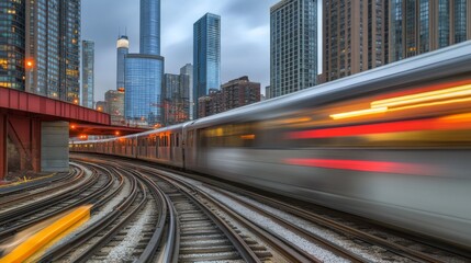 Obraz premium Train in Motion Through Urban Landscape at Dusk