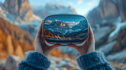 pair of hands holding a VR headset reflecting a breathtaking mountain range with snow-capped peaks and golden light, blending technology with nature's beauty.