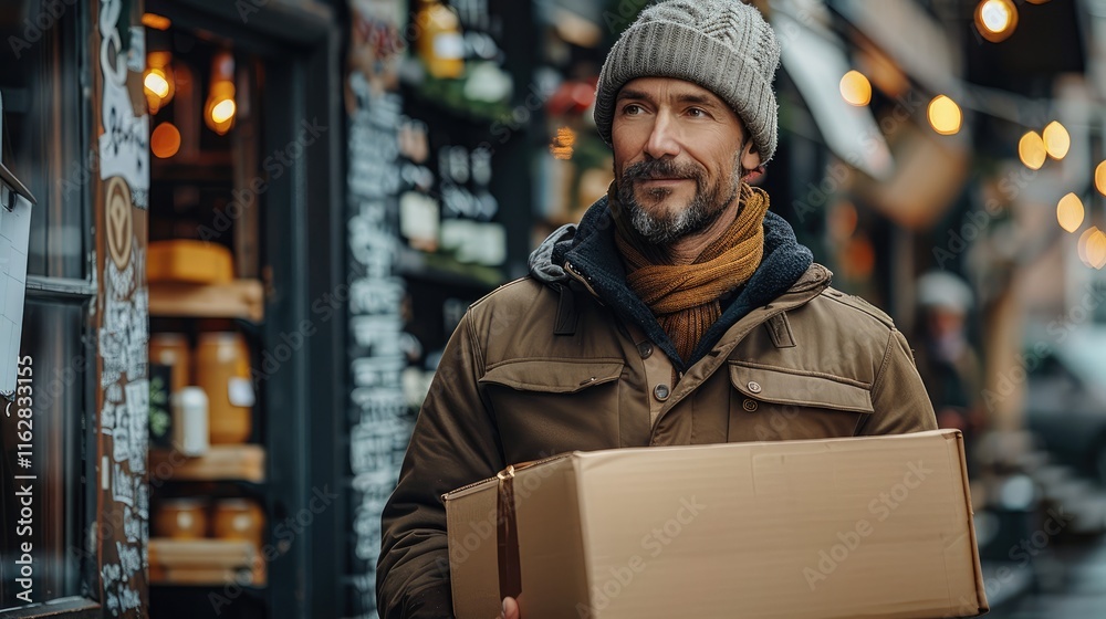 Poster A delivery man with a box in front of a brewery.