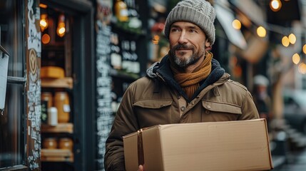 Obraz premium A delivery man with a box in front of a brewery.