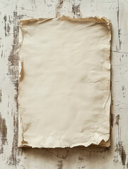Folha de papel em branco envelhecida sobre superf&iacute;cie de madeira r&uacute;stica