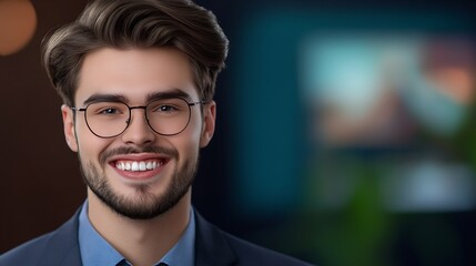 Obraz premium Close-up Photo: Confidently Smiling Man in Stylish Glasses, Corporate Headshot. AI Generated