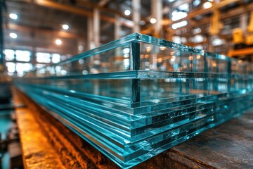 Fototapeta premium A stack of clear glass blocks sits atop a wooden table, providing a subtle contrast between the transparent and natural materials
