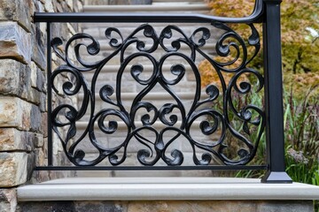 Decorative iron gate with floral patterns in the garden, sunlight creating sharp shadows across its surface, surrounded by lush greenery and blooming flowers, adding to the aesthetic appeal