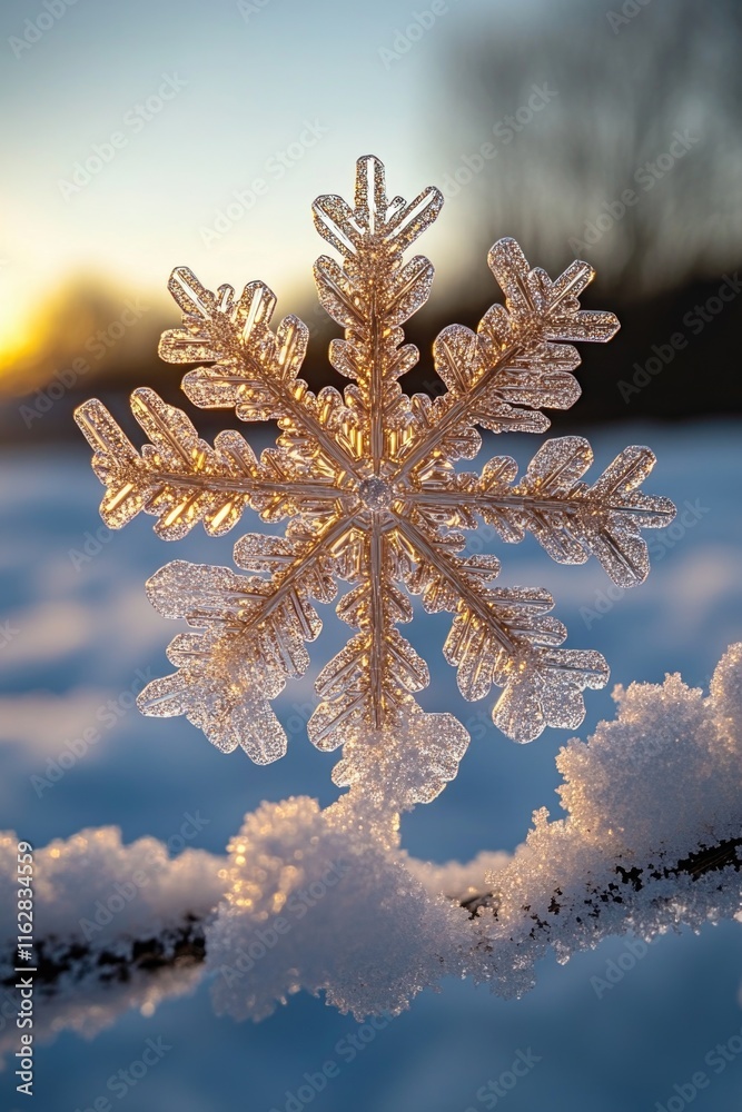 Aufkleber A detailed view of a single snowflake on a snowy surface