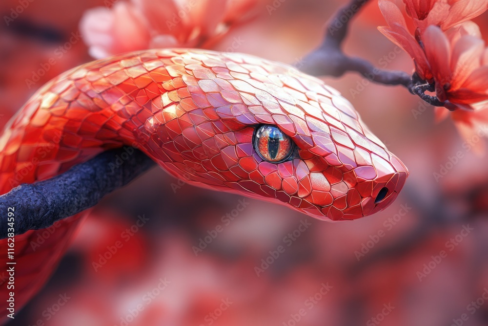 Aufkleber A close-up view of a snake coiled on a tree branch, ready to strike