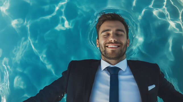 Businessman suit pool vacation, relaxing manager water leisure, successful freelancer resort work, happy executive summer freedom - Powered by Adobe