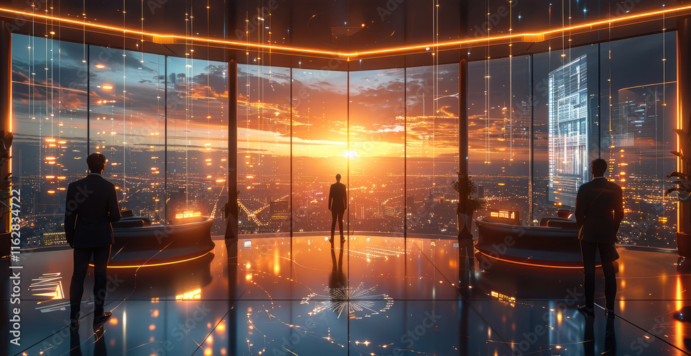 Poster a high-end virtual lounge suspended in space, with sleek, shimmering city skylines with futuristic s