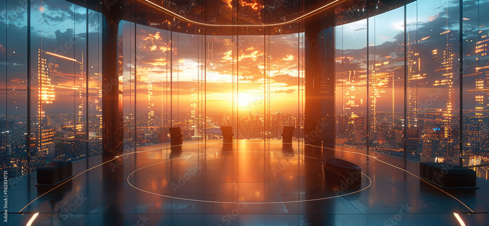 Poster a high-end virtual lounge suspended in space, with sleek, shimmering city skylines with futuristic s