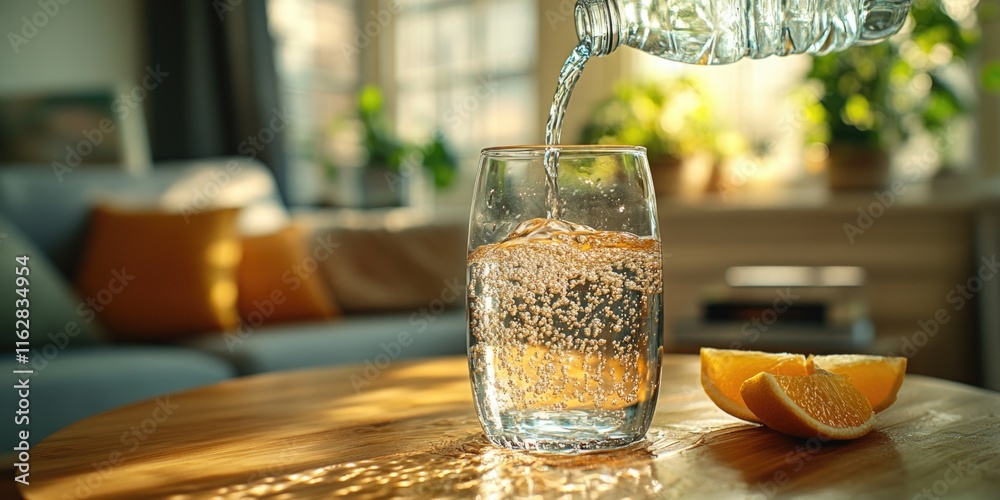 Poster a glass of water and a half of an orange slice placed on a table, suitable for use in still life pho