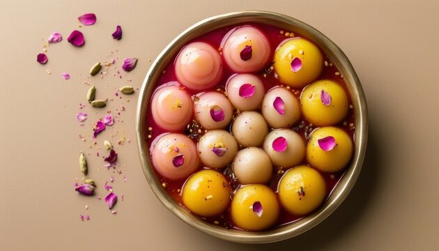 Colorful Badusha Dessert Bowl with Toppings on Stylish Background